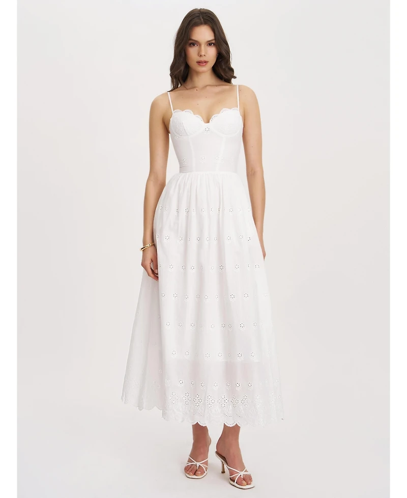 Miss Circle Women's Oberon White Cotton Eyelet Lace-Up Back Maxi Dress