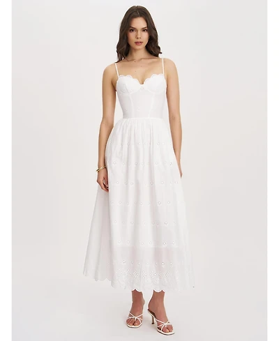 Miss Circle Women's Oberon White Cotton Eyelet Lace-Up Back Maxi Dress