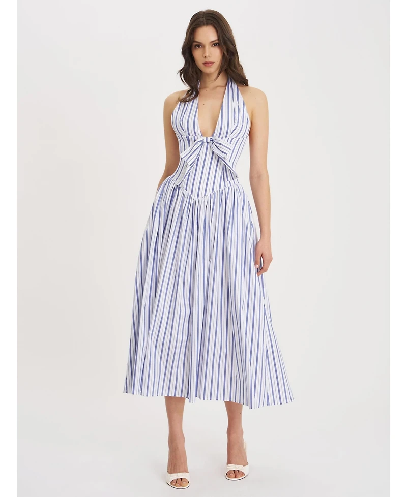 Miss Circle Women's Mackenna Navy Stripe Halter Smock Back Maxi Dress