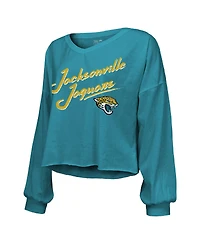 Majestic Women's Travis Hunter Teal Jacksonville Jaguars 2025 Nfl Draft First Round Pick Off-Shoulder Script Name Number V-Neck T-Shirt