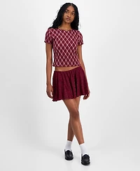 Madden Girl Juniors' All Over Print Smocked Short-Sleeve Top