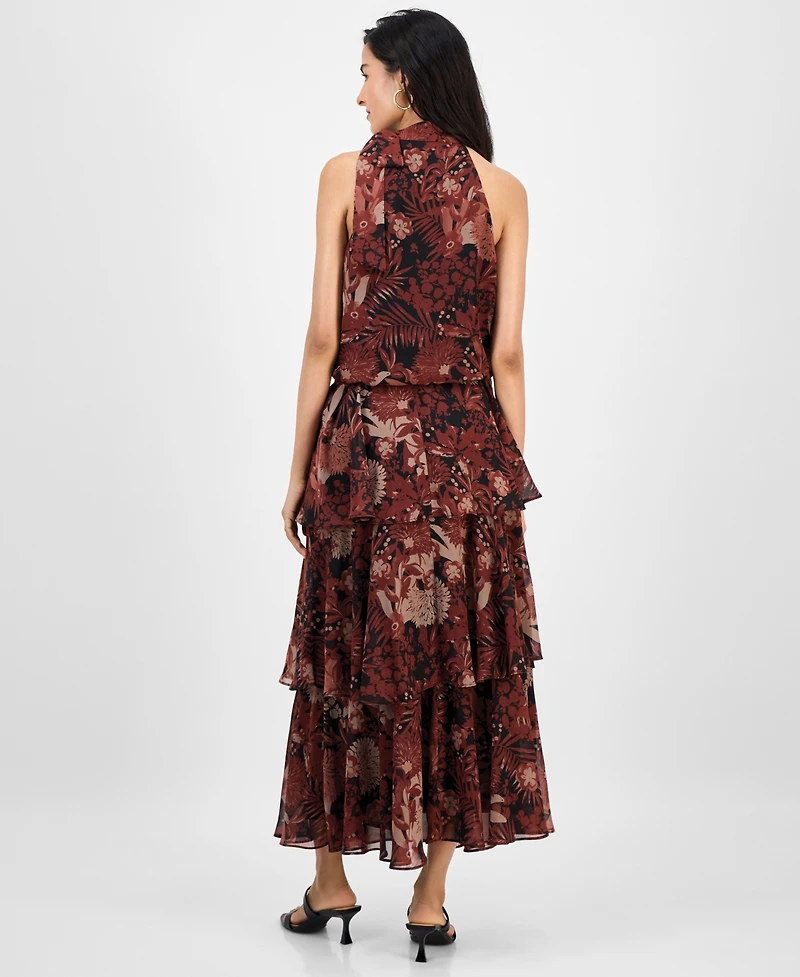 julia jordan Women's Tie-Neck Blouson Tiered Maxi Dress