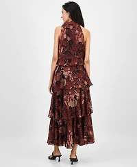 julia jordan Women's Tie-Neck Blouson Tiered Maxi Dress