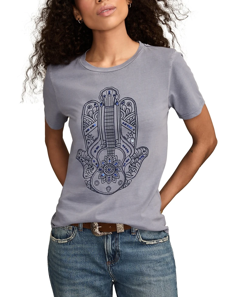 Lucky Brand Women's Guitar Hamsa Classic Crewneck Cotton T-Shirt