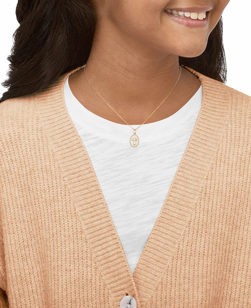 Polished Oval Cross Beaded Medallion 15" Pendant Necklace in 14k Gold