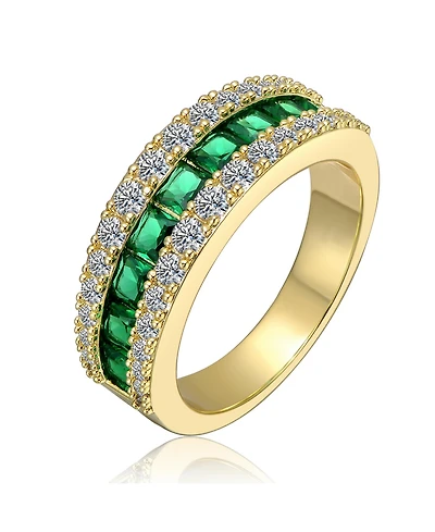 Genevive 14K Gold Plated with Green and Clear Cubic Zirconia Band Ring