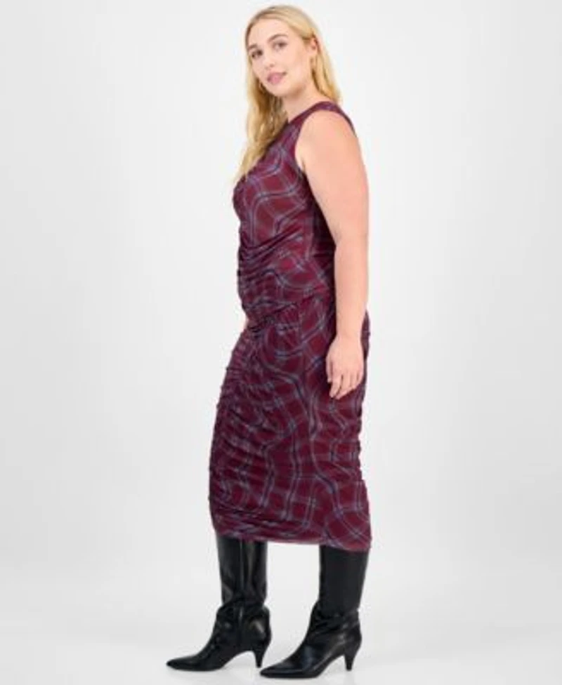 Bar Iii Trendy Plus Plaid Asymmetric Ruching Top Skirt Macys Exclusive