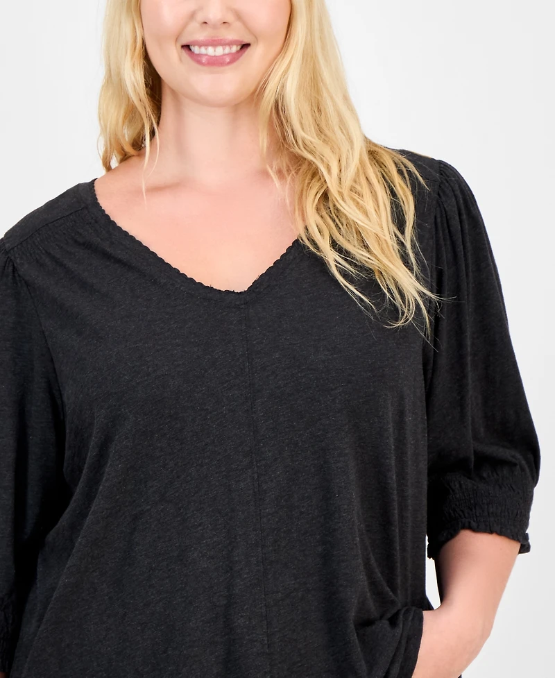 Democracy Trendy Plus Elbow-Sleeve Smocked-Cuff Blouse