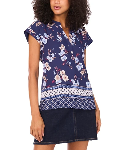 Vince Camuto Women's Mixed-Print Split-Neck Blouse