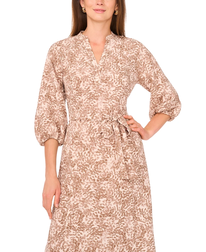 Vince Camuto Women's Printed Split-Neck Belted Midi Dress