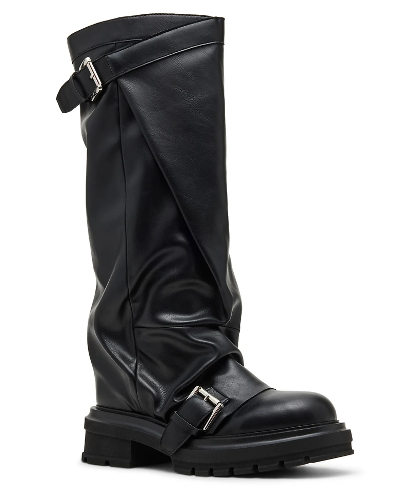 Madden Girl Women's Restore Knee-High Slouchy Lug-Sole Wide-Calf Moto Boots