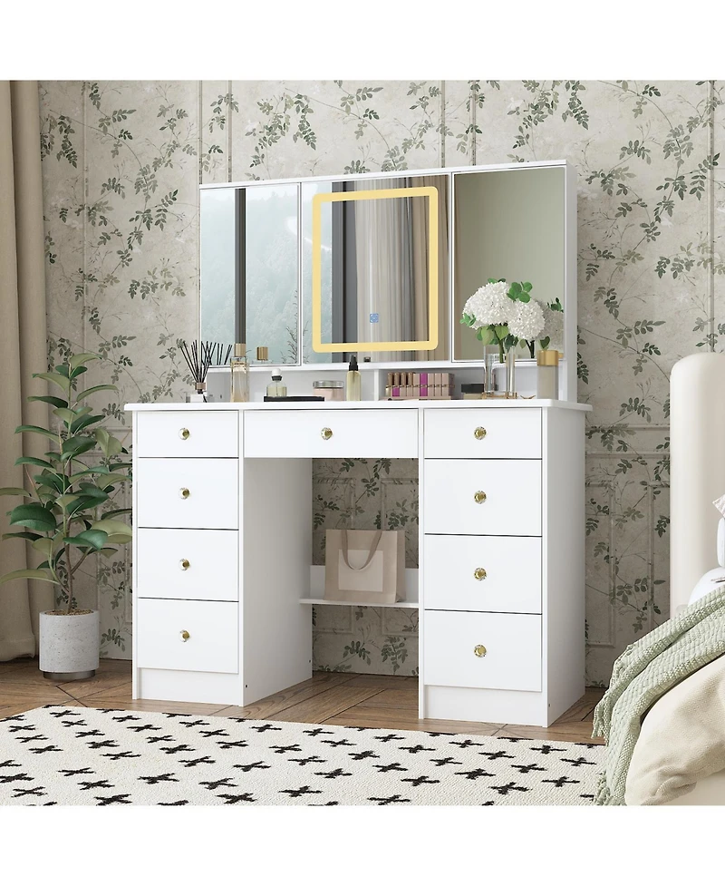 Famapy Pink Modern Makeup Vanity Desk 9-Drawers Wood Dressing Table with 3 Mirrors, Hidden Storage Shelves, Led Lighted Lights