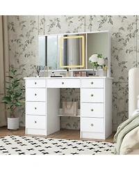 Famapy Pink Modern Makeup Vanity Desk 9-Drawers Wood Dressing Table with 3 Mirrors, Hidden Storage Shelves, Led Lighted Lights