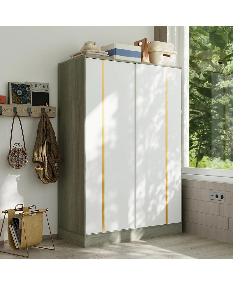 Modern high-quality grey wood color sliding door wardrobe, made of wood, with hanging clothes pole