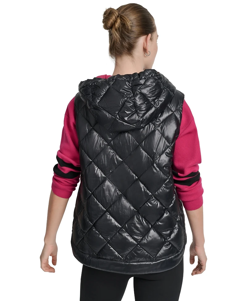 Dkny Women's Quilted Curved-Hem Hooded Vest