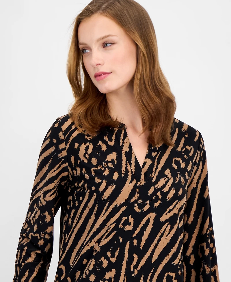 Ak Anne Klein Petite Split-Neck Animal-Print Top
