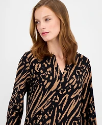 Ak Anne Klein Petite Split-Neck Animal-Print Top