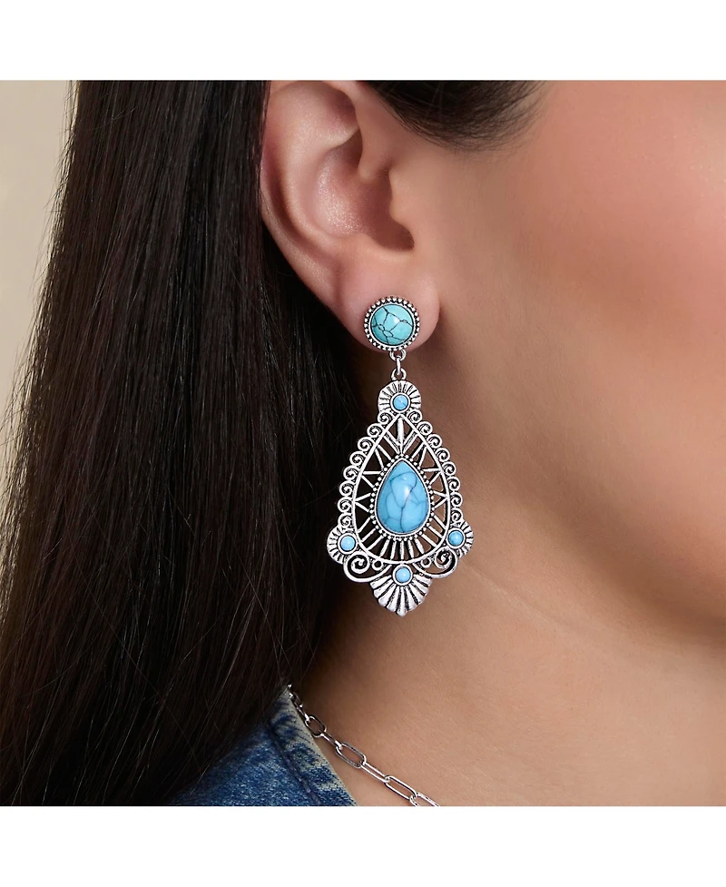 Jessica Simpson Silver-Tone Filigree Teardrop Earrings in Blue