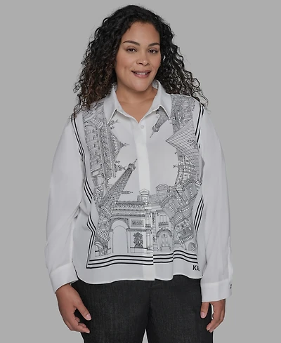 Karl Lagerfeld Paris Plus Paris-Print Button-Front Blouse