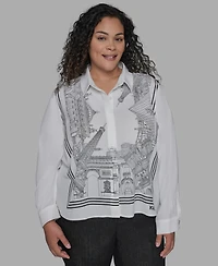 Karl Lagerfeld Paris Plus Paris-Print Button-Front Blouse