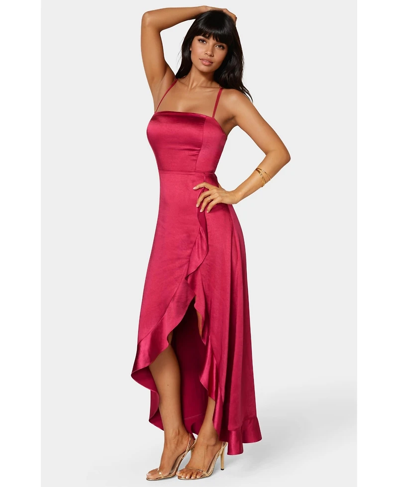 Bebe Women's Satin Ruffle Maxi Lace Up Back