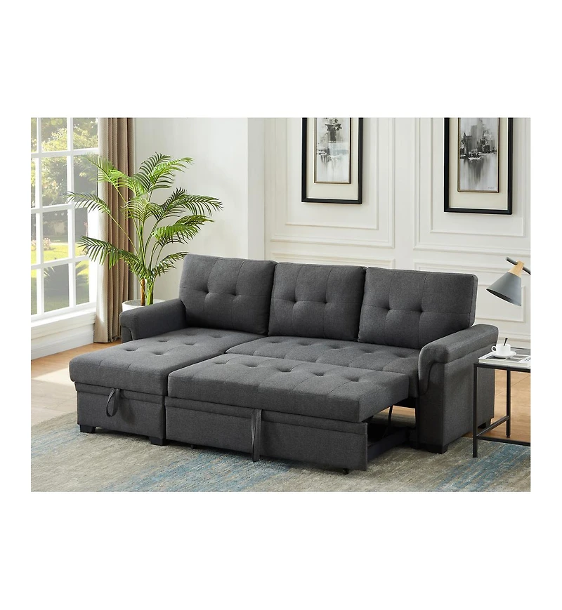 Homlux 84"W Dark Gray Linen Reversible Sleeper Sectional Sofa with Storage Chaise