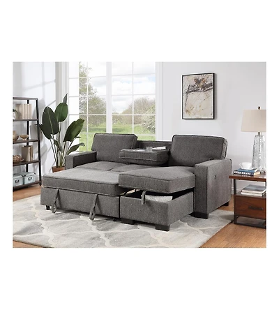 Homlux 86.5"W Dark Gray Fabric Reversible Sleeper Sectional with Storage Chaise Drop-Down Table 2 Cup Holders and 2 Usb Ports