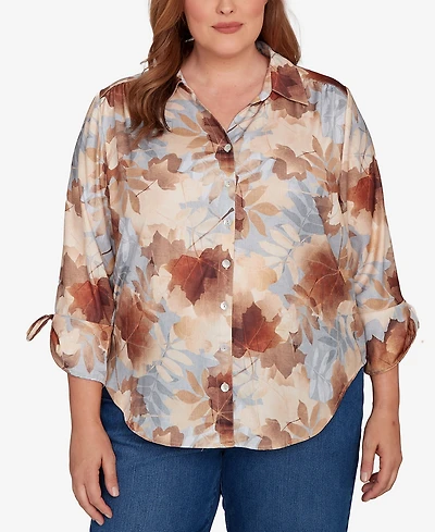 Alfred Dunner Plus Classic Textured Leaf Button Front Top