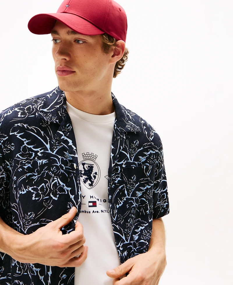 Tommy Hilfiger Men's Patterned Linen Button Up Short Sleeve Shirt