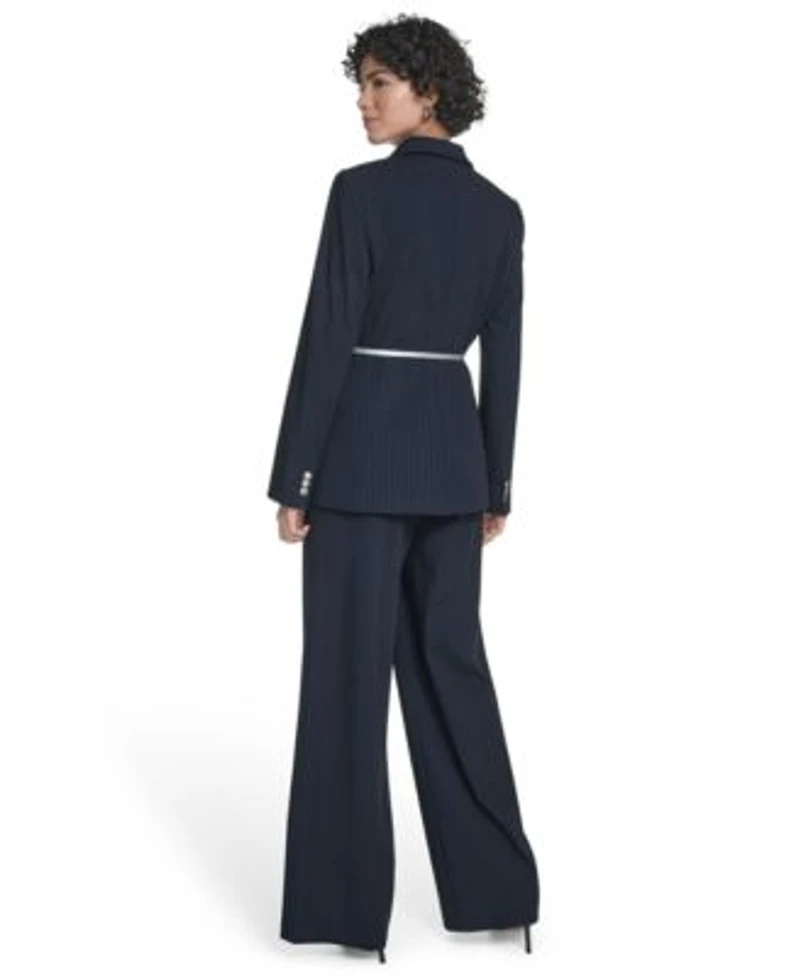 Calvin Klein Womens Pinstripe Belted One Button Jacket High Rise Wide Leg Pants