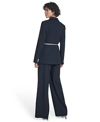 Calvin Klein Womens Pinstripe Belted One Button Jacket High Rise Wide Leg Pants