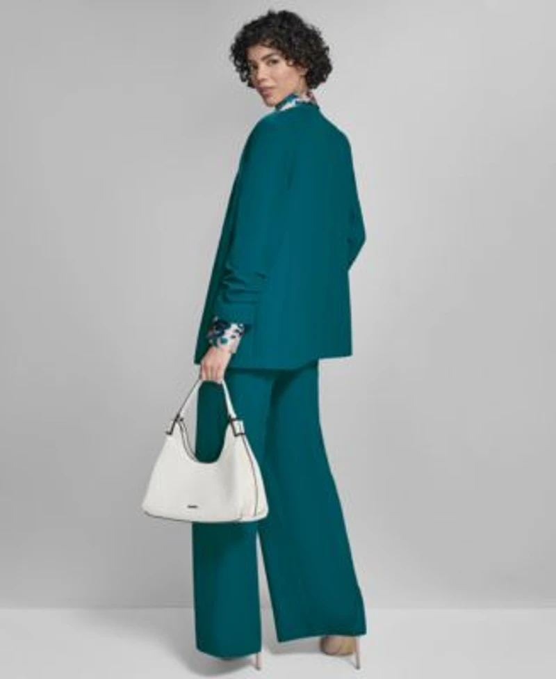 Calvin Klein Womens High Rise Wide Leg Pants Printed Charmeuse Button Front Blouse Heavy Open Front Ruched Sleeve Blazer