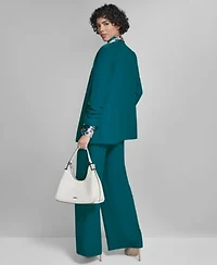 Calvin Klein Womens High Rise Wide Leg Pants Printed Charmeuse Button Front Blouse Heavy Open Front Ruched Sleeve Blazer