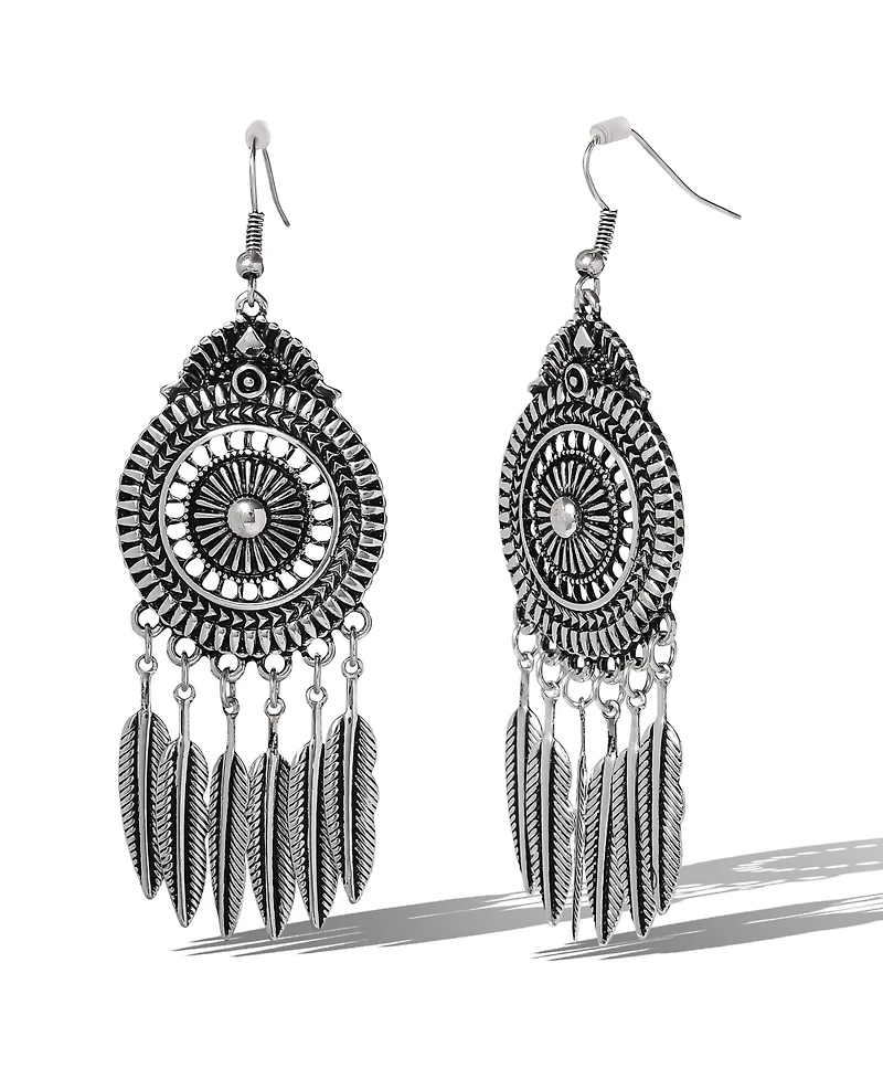 Jessica Simpson Boho Feather Statement Drop Earrings in Antique Silver