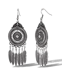 Jessica Simpson Boho Feather Statement Drop Earrings in Antique Silver