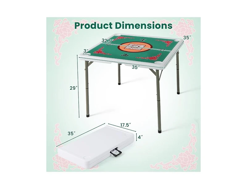 Akiudex 35 Inch 4 Player Game Card Folding Mahjong Table with Cup Holders