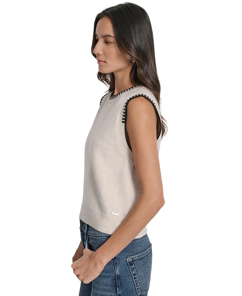 Dkny Jeans Women's Whipstitch Trim Crewneck Sleeveless Sweater