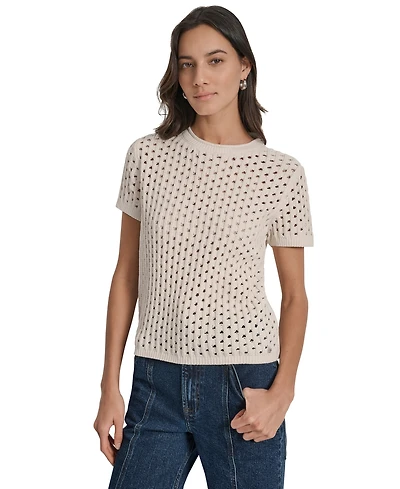 Dkny Jeans Women's Open Stitch Crewneck Short-Sleeve Sweater