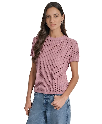 Dkny Jeans Women's Open Stitch Crewneck Short-Sleeve Sweater