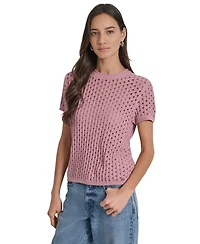 Dkny Jeans Women's Open Stitch Crewneck Short-Sleeve Sweater