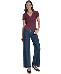 Dkny Jeans Womens Ribbed V-Neck Polo Sweater