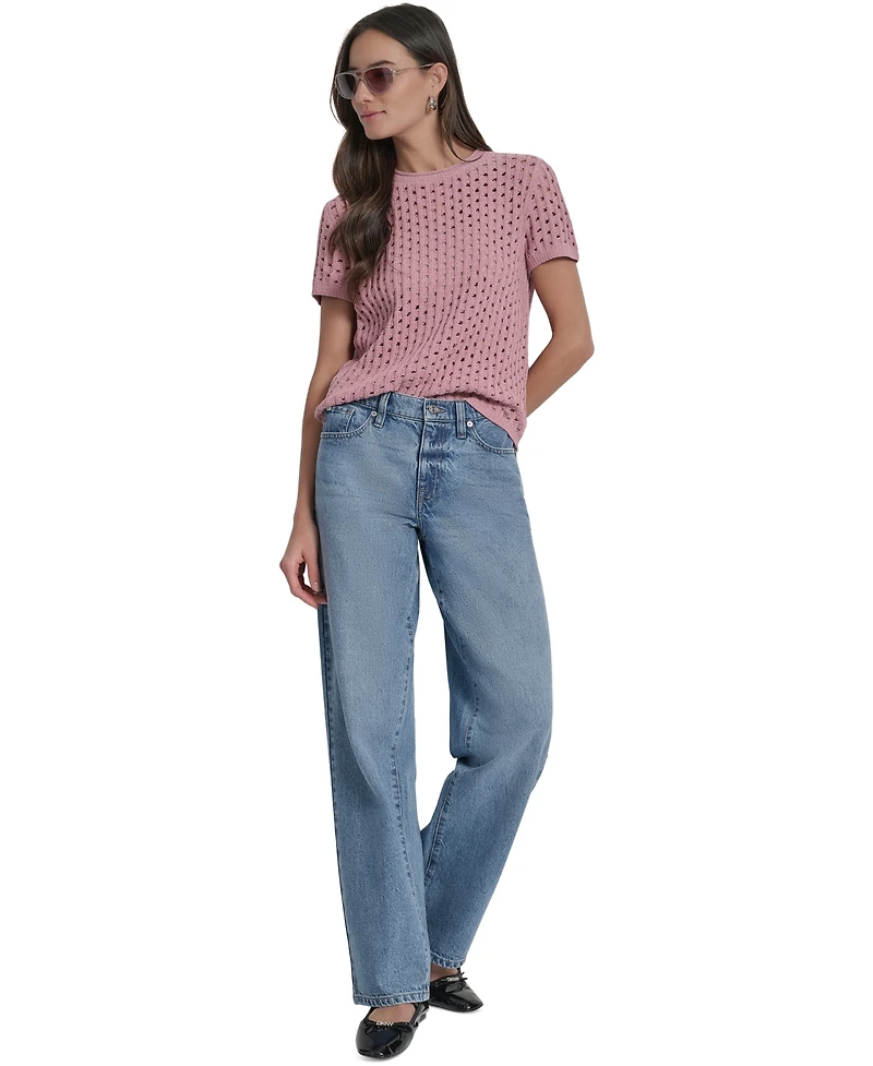 Dkny Jeans Women's Open Stitch Crewneck Short-Sleeve Sweater