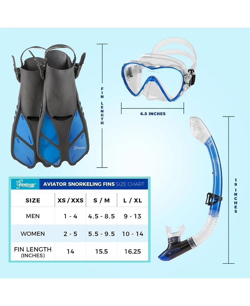 Seavenger Aviator Snorkeling Set: Single Window Mask, Snorkel, Fins & Bag - Dodger Blue L/Xl