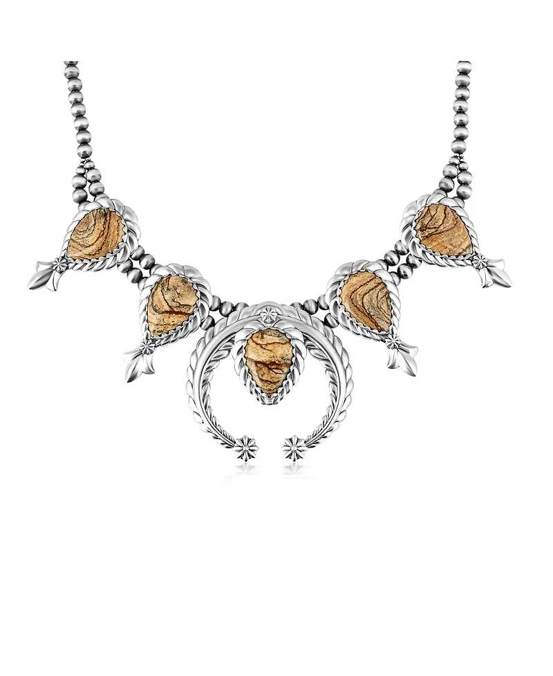 American West Jewelry Sterling Silver Picture Jasper Pear-Cut Squash Blossom Necklace, 17 to 20 Inches