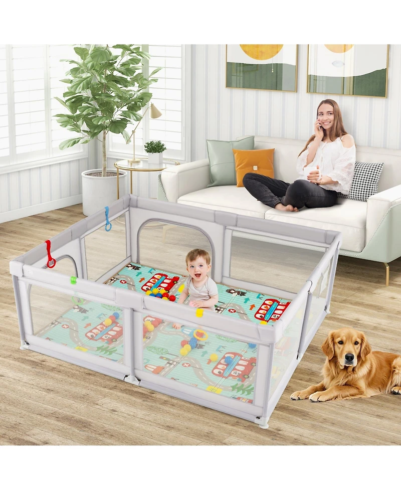 Gymax Toddler Large Playpen w/ Mat Play Yard w/ Pull Rings & Ocean Balls Play Area