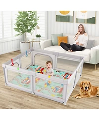 Gymax Toddler Large Playpen w/ Mat Play Yard w/ Pull Rings & Ocean Balls Play Area
