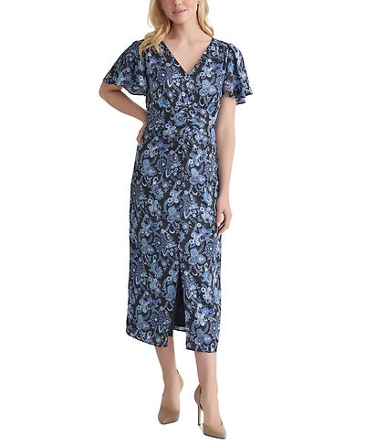 Jones New York Petite Printed Flutter-Sleeve Shirred Dress