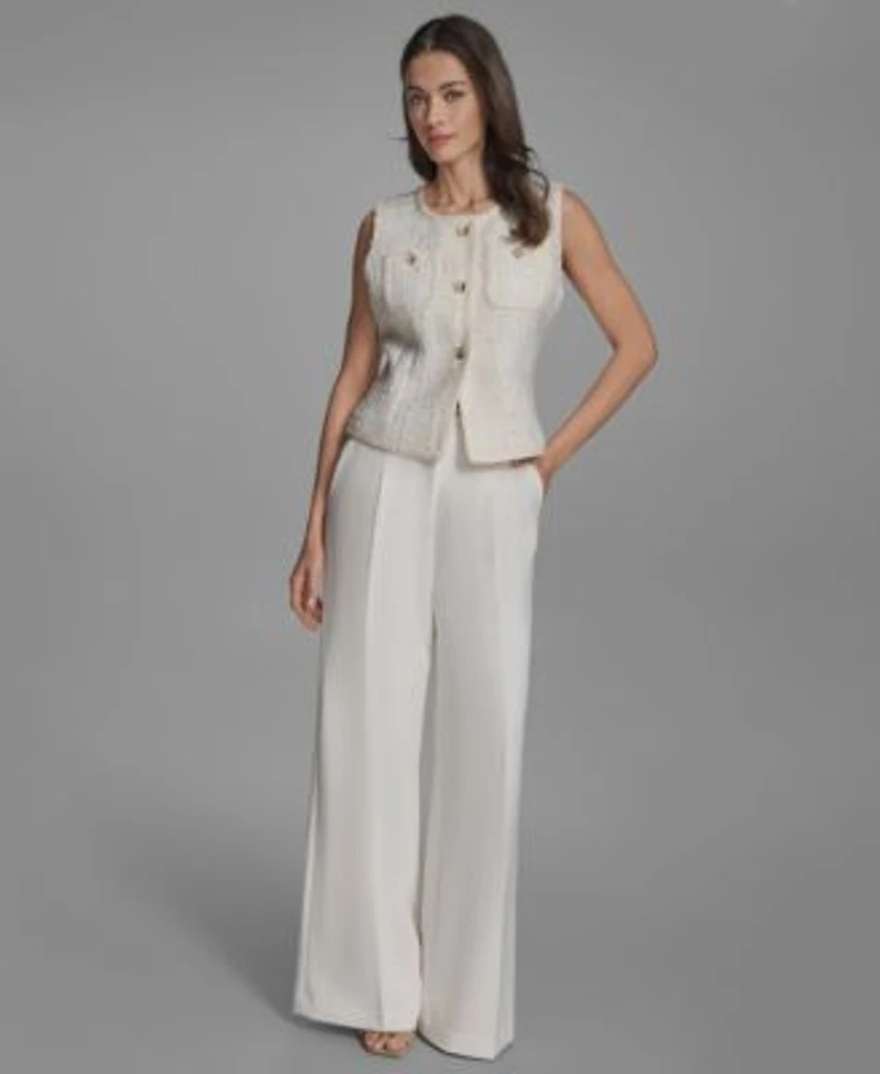 Bcbg Womens Textured Crewneck Button Front Vest Pleated Wide Leg Pants