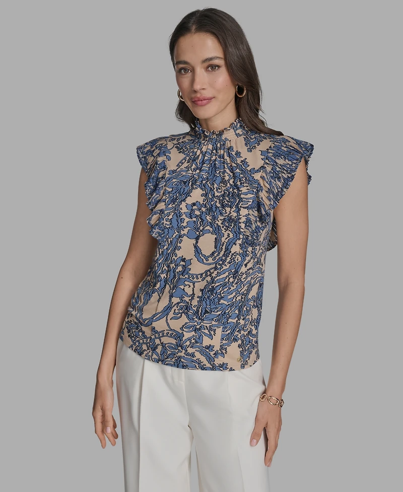 Bcbg Women's Printed Mock Neck Knit Flutter-Sleeve Top