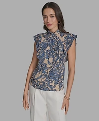Bcbg Women's Printed Mock Neck Knit Flutter-Sleeve Top